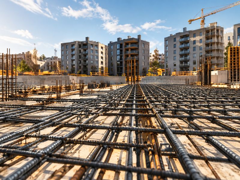 Vyfocená armatura základové desky připravená k betonáži